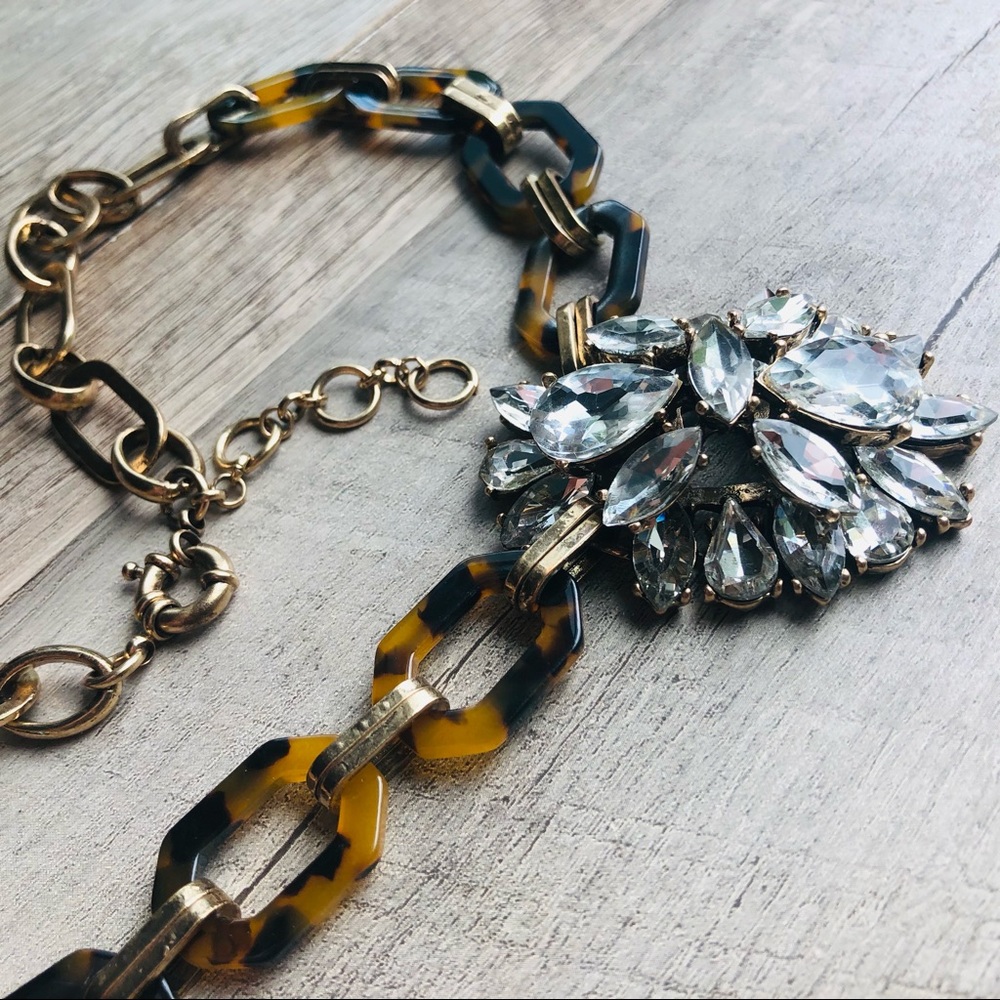 Vintage Tortoiseshell Large Link Necklace w/ faux Diamonds, Preppy Y2K, Wedding